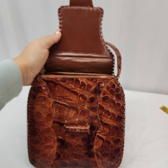 Vintage Genuine Alligator Leather Brown adjustable Shoulder Small Handbag - Picture 5 of 13
